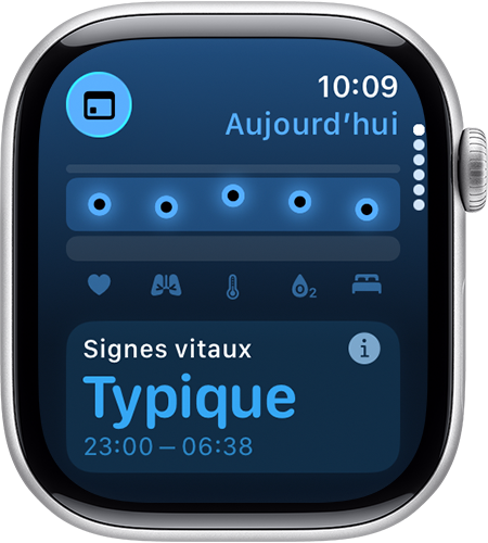 Apple Watch affichant les signes vitaux nocturnes sur une plage type au cours des 7 derniers jours dans l’app Signes vitaux.