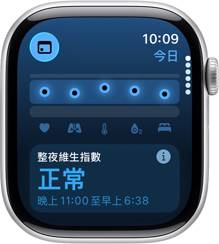 Apple Watch 的「維生指數」app 顯示過去 7 天的「整夜維生指數」落在正常範圍。