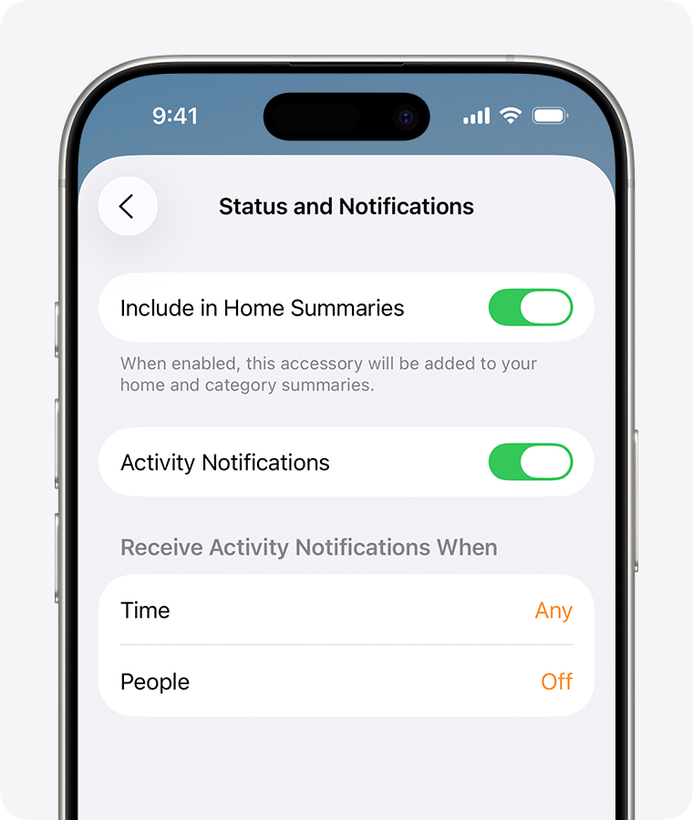 Include in Home Summaries is turned on at the top of Status and Notifications screen.