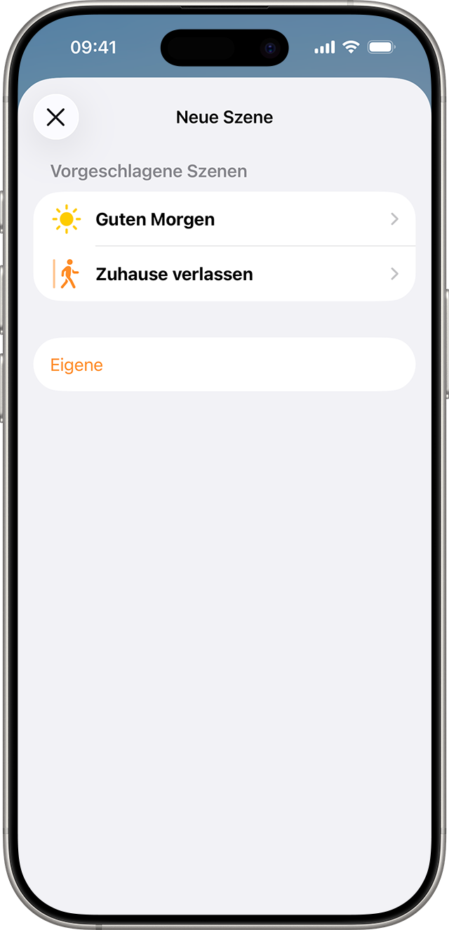 „Guten Morgen“ und „Zuhause verlassen“ werden als vorgeschlagene Szenen auf dem Bildschirm „Neue Szene“ angezeigt.