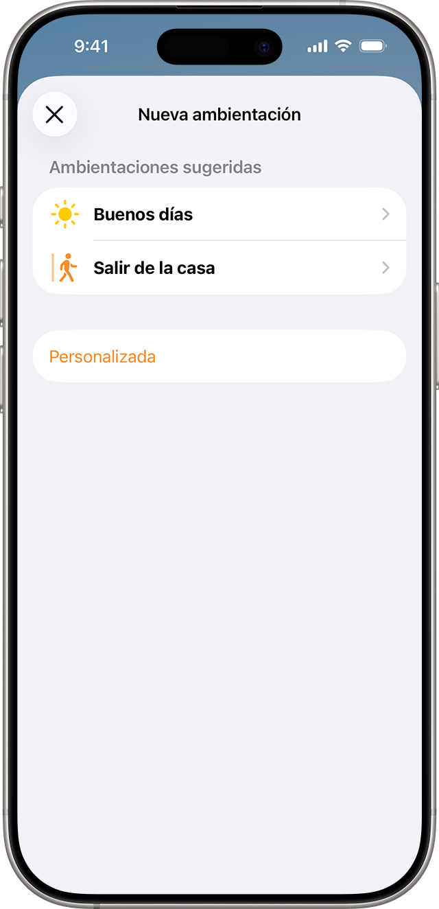 Las ambientaciones sugeridas Buenos días y Salir de casa aparecen en la pantalla Nueva ambientación.