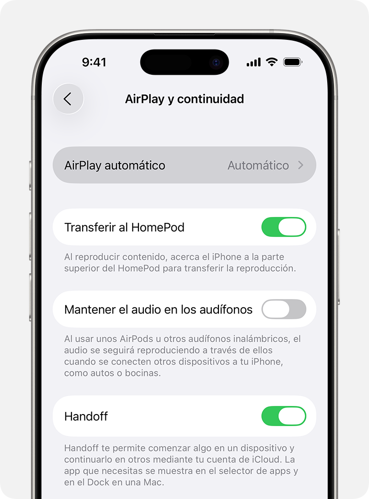 Automático está seleccionado para AirPlay automático en la pantalla AirPlay y Continuidad.