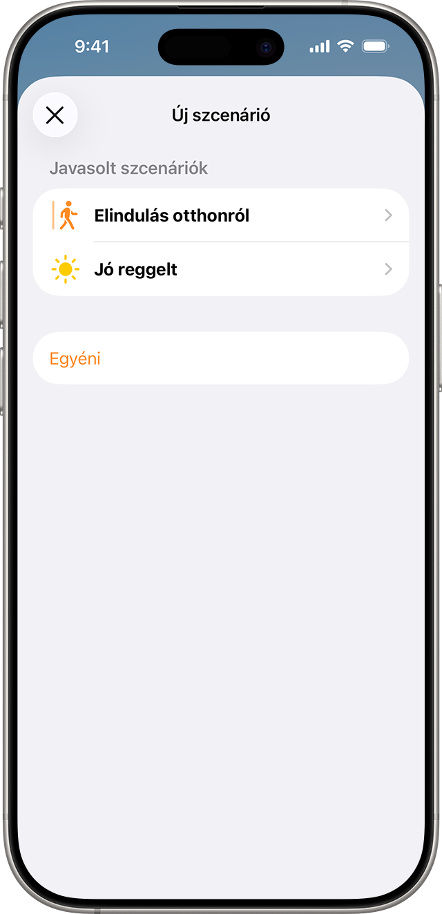 A Jó reggelt és az Elindulás otthonról javasolt forgatókönyvek megjelennek az Új szcenárió képernyőn.