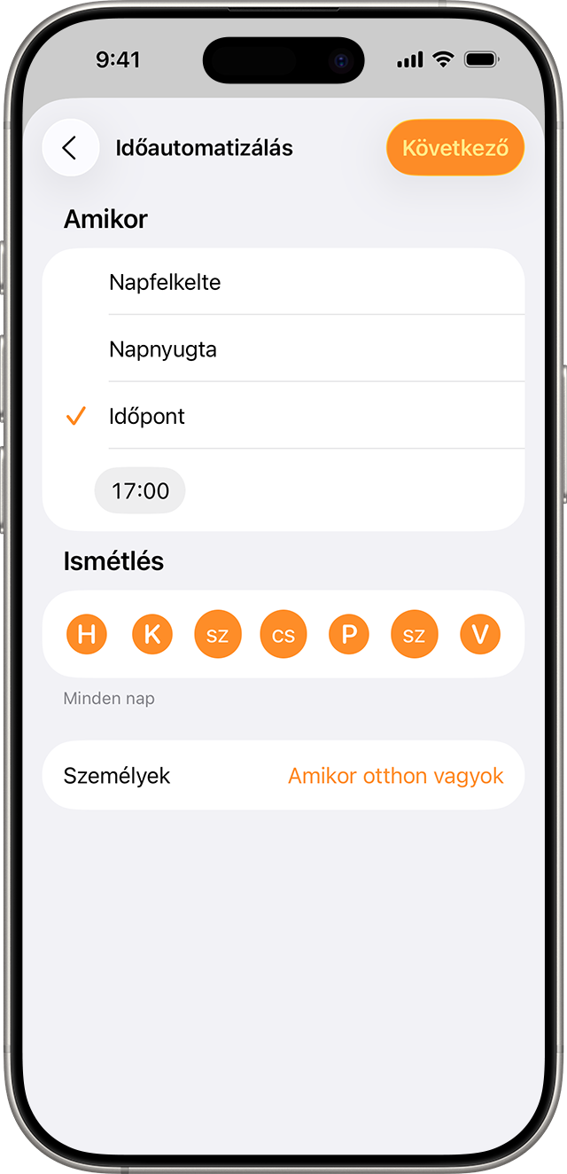 Egy automatizálás, amely minden nap 17:00 órára van beállítva.