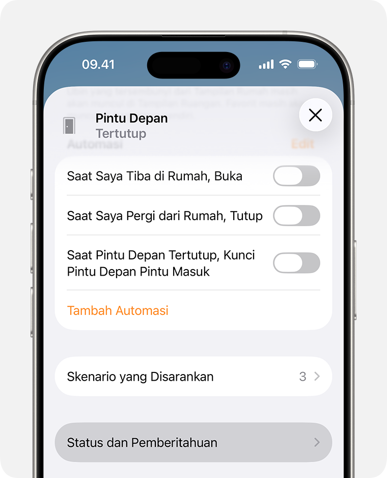 Status dan Pemberitahuan muncul di bawah Skenario di layar pengaturan aksesori untuk sensor Pintu rumah pintar.