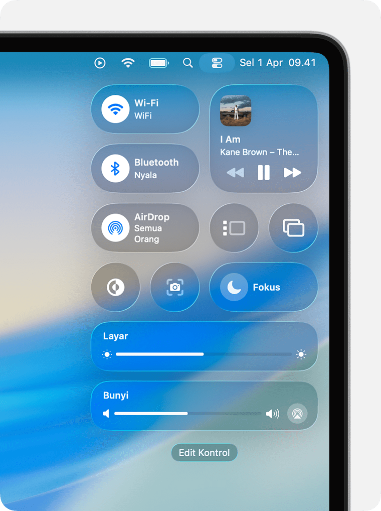 Berbagai modul Pusat Kontrol muncul di bawah bar menu di Mac.