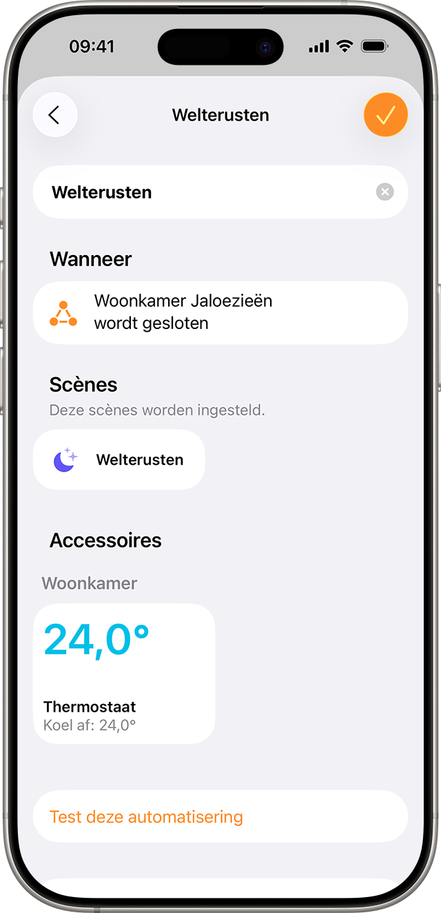De scène 'Welterusten' is ingesteld te starten wanneer de gordijnen in de woonkamer dicht worden gedaan.