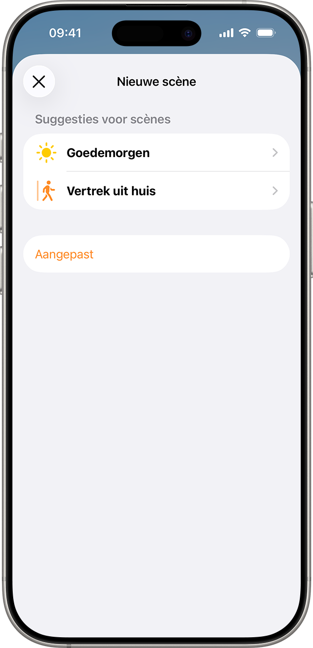 De voorgestelde scènes 'Goedemorgen' en 'Huis verlaten' worden weergegeven op het scherm 'Nieuwe scène'.