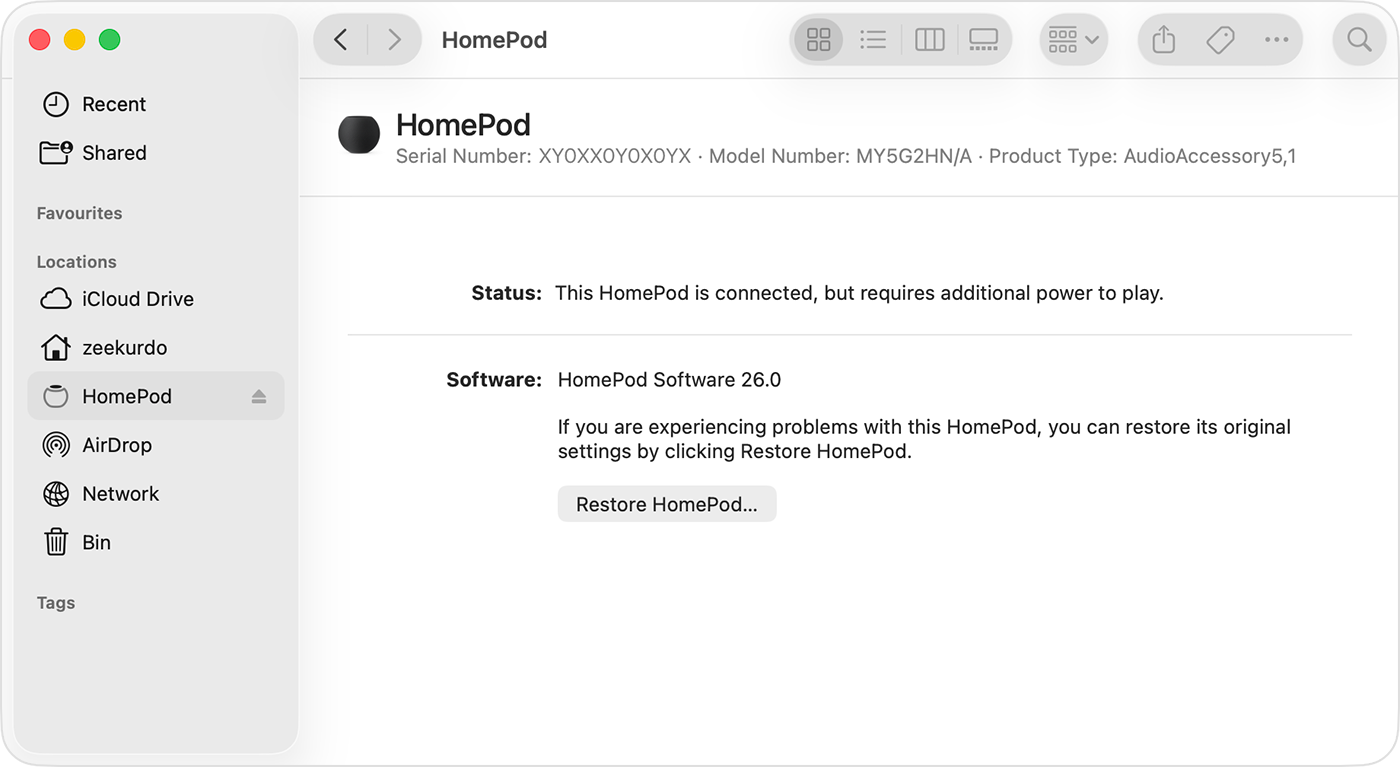 Restore HomePod button in the Finder on Mac