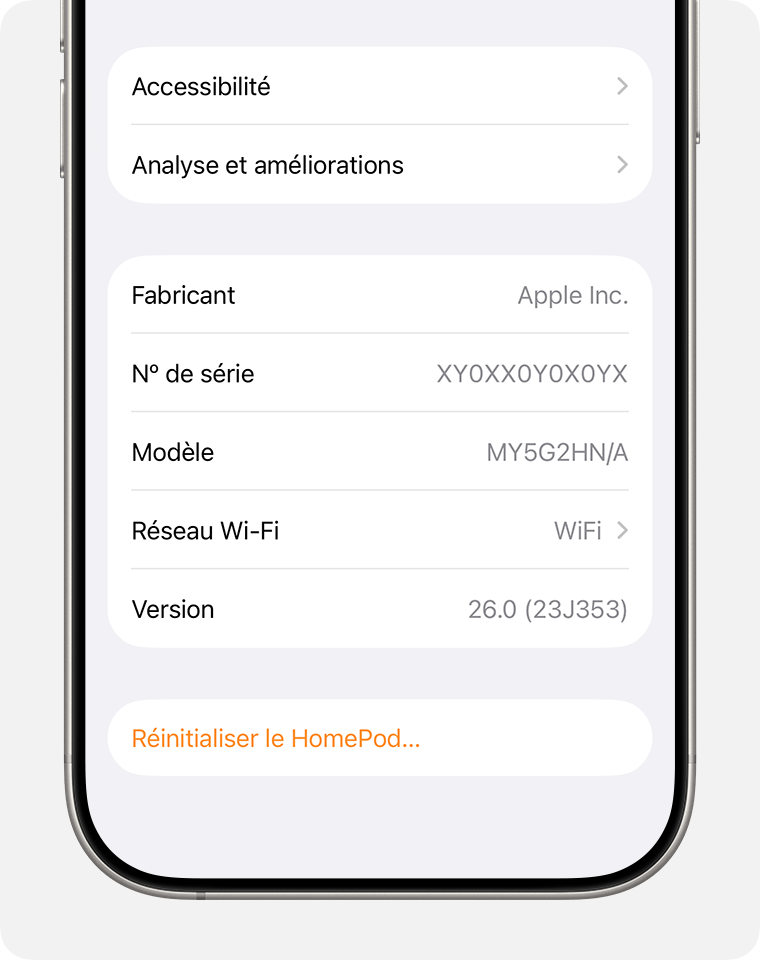 Affichage de l’option Réinitialiser le HomePod en bas de l’écran des réglages du HomePod