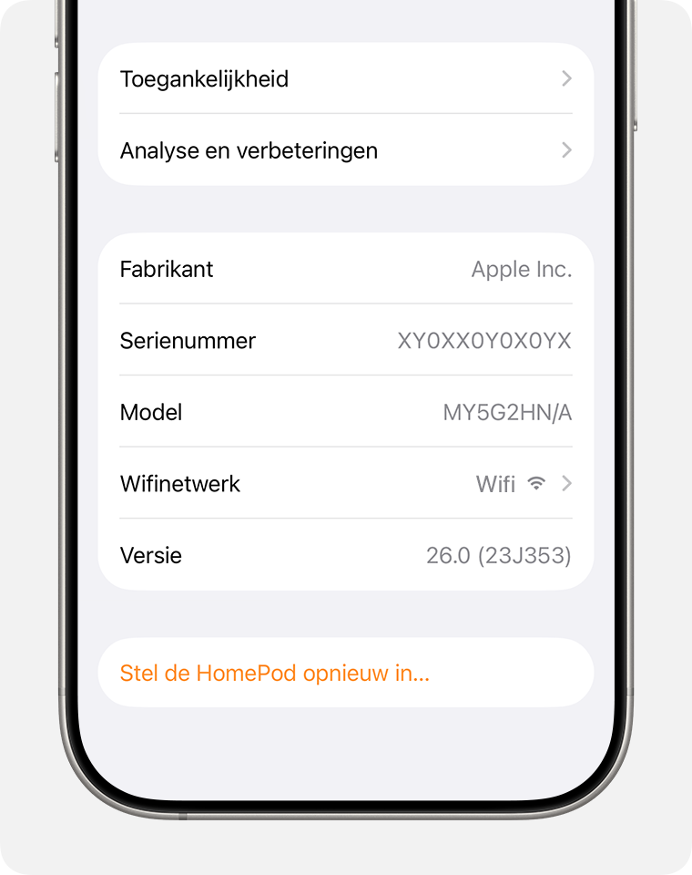 Wifinetwerkinformatie verschijnt onderaan het scherm HomePod-instellingen.