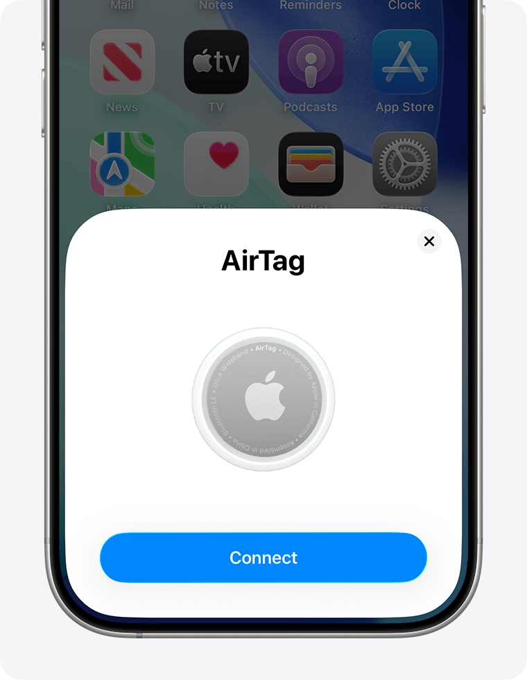 iPhone screen showing Connect AirTag button.