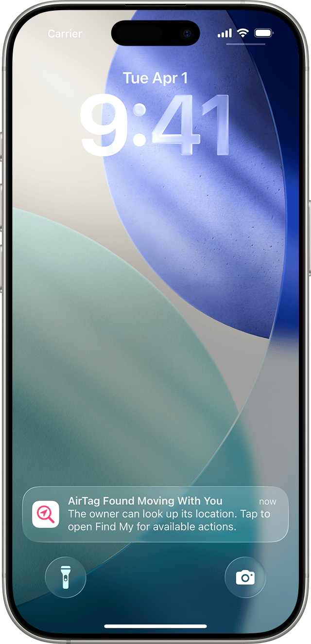 iPhone showing AirTag Found Moving With You notification at the bottom of the screen.