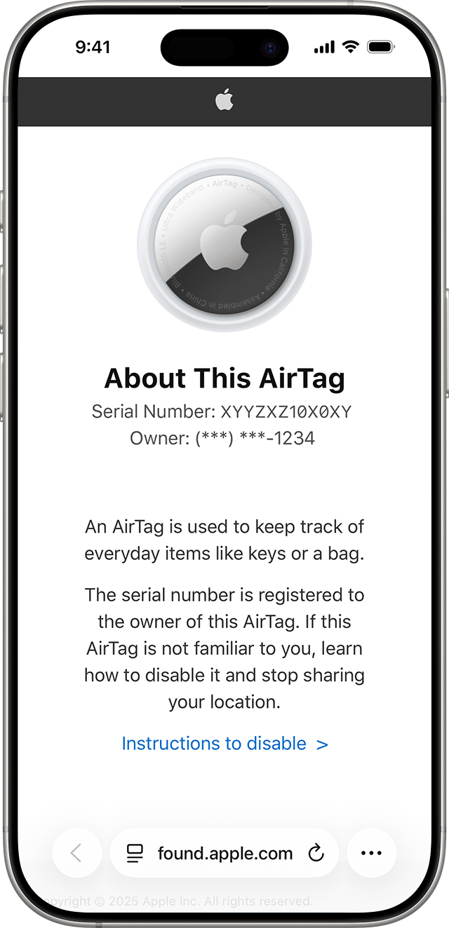 iPhone screen showing a Safari webpage with information about your AirTag, including the serial number and last four digits of the owner’s phone number.