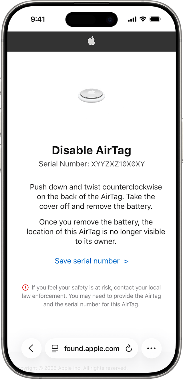 iPhone screen showing a Safari webpage with instructions for how to disable an AirTag by removing its battery.