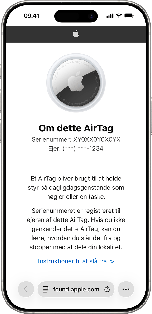 iPhone-skærm, der viser en Safari-webside med oplysninger om dit AirTag, herunder serienummeret og de sidste fire cifre i ejerens telefonnummer.