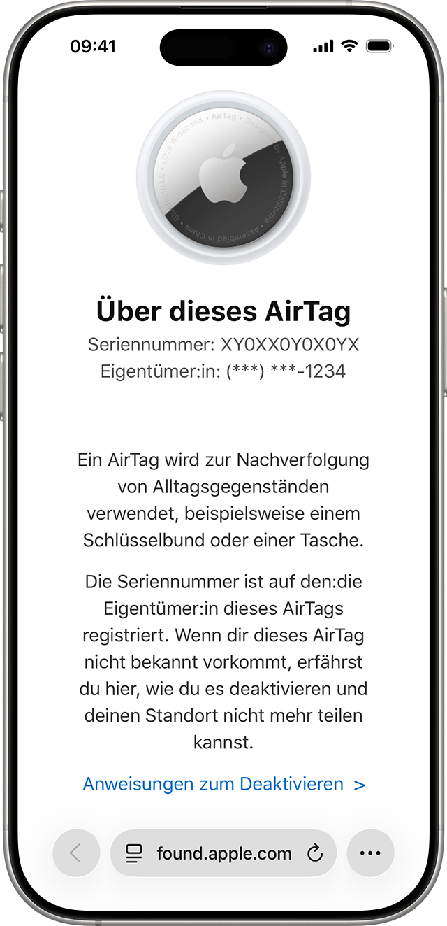 Ein iPhone-Bildschirm, auf dem eine Safari-Webseite mit Informationen zu deinem AirTag angezeigt wird, darunter die Seriennummer und die letzten vier Ziffern der Telefonnummer seines Besitzers.