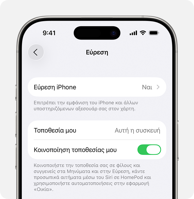 Οθόνη iPhone στην οποία εμφανίζονται οι ρυθμίσεις «Εύρεση».
