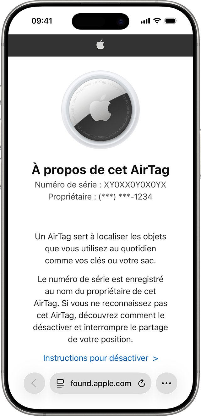 Écran d’iPhone affichant une page Web Safari avec des informations sur votre AirTag, y compris le numéro de série et les quatre derniers chiffres du numéro de téléphone du propriétaire.