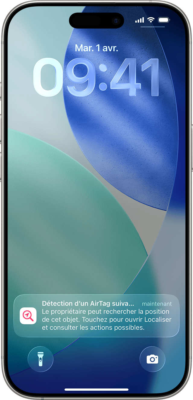 iPhone affichant la notification Détection d’un AirTag suivant vos déplacements au bas de l’écran