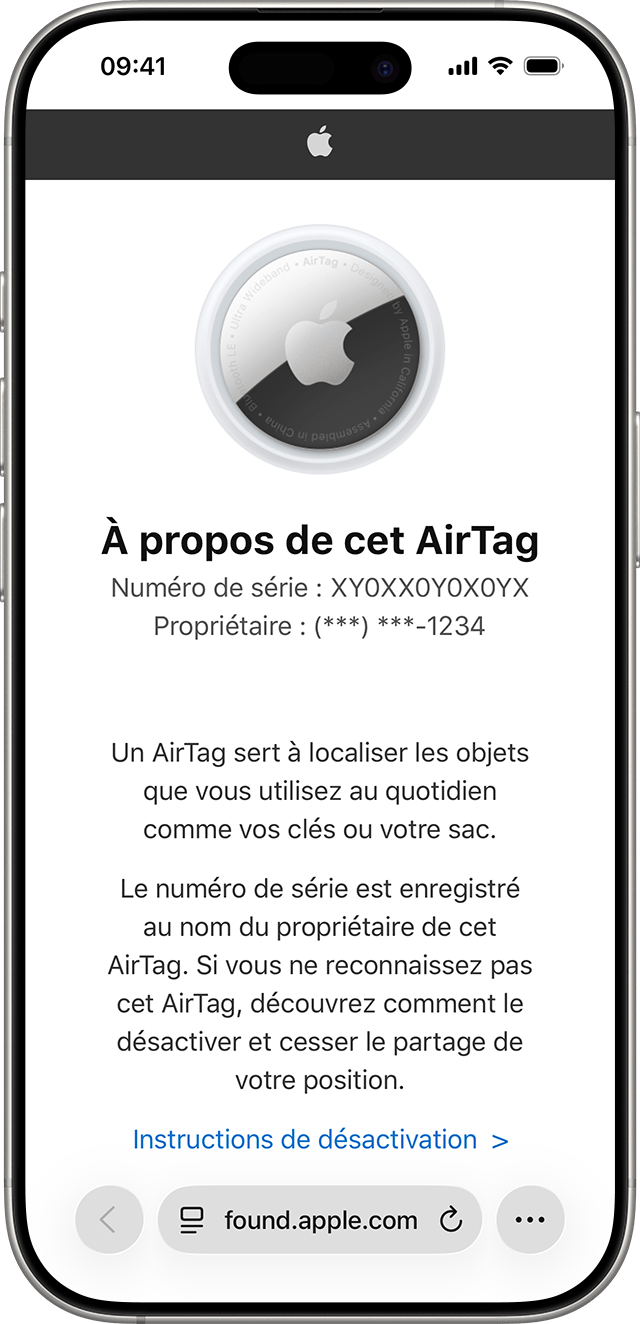 Écran d’iPhone affichant une page web Safari avec des informations sur un AirTag, notamment son numéro de série et les quatre derniers chiffres du numéro de téléphone de son ou sa propriétaire