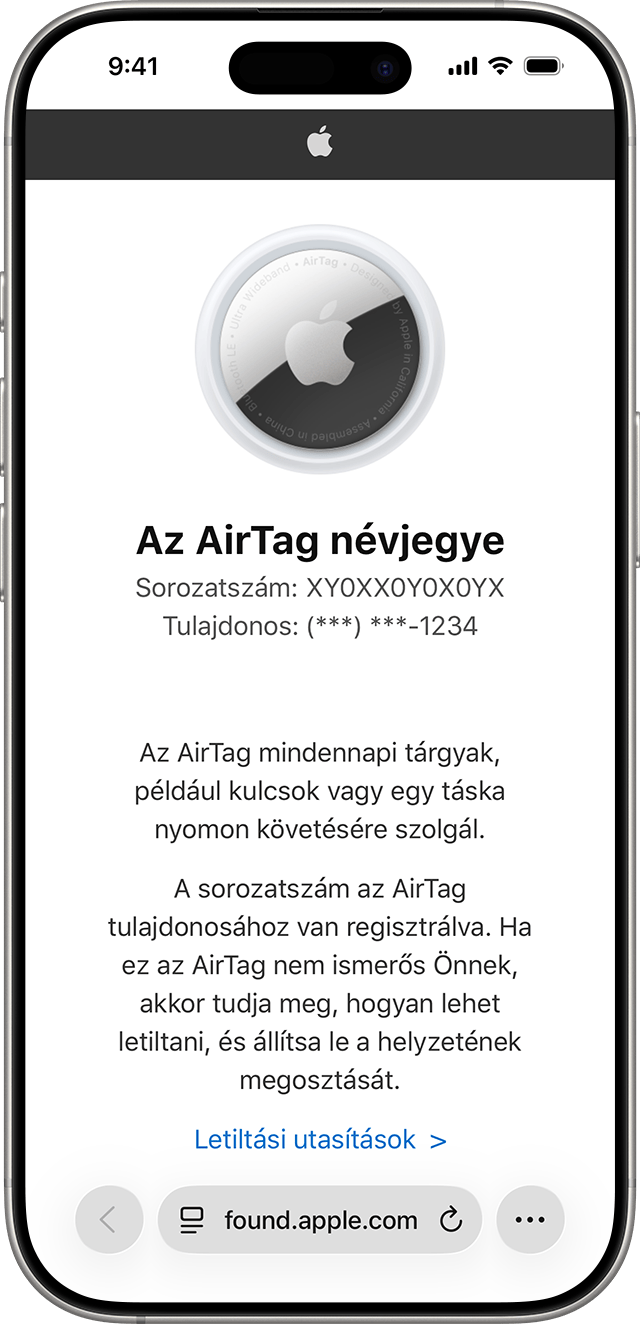 Az AirTaggel kapcsolatos információkat tartalmazó Safari-weboldalt megjelenítő iPhone-képernyő. Az információk között a sorozatszám és a tulajdonos telefonszámának utolsó négy számjegye is látható.