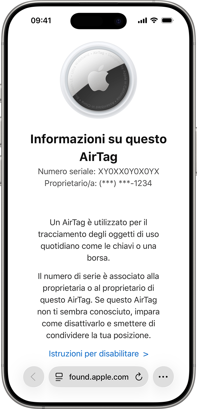 Schermo di iPhone che mostra una pagina web Safari con informazioni sul tuo AirTag, incluso il numero di serie e le ultime quattro cifre del numero di telefono del proprietario.