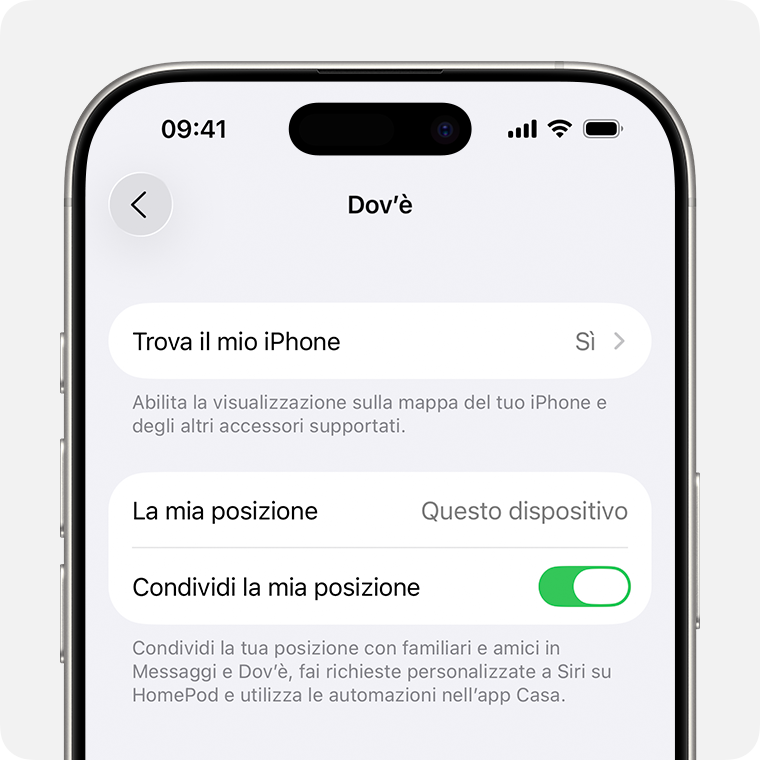 Schermata di iPhone che mostra le impostazioni di Dov'è.