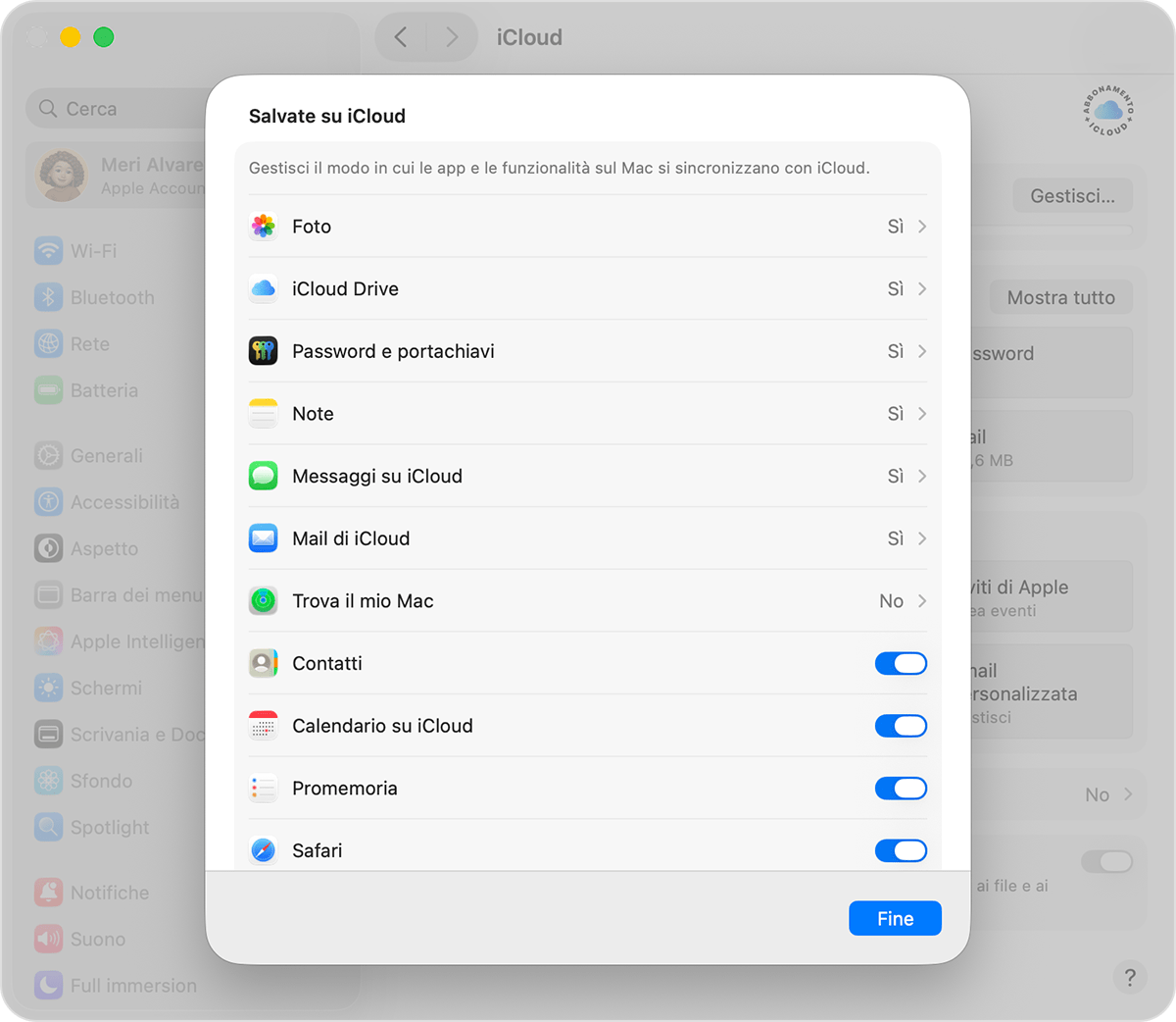 Schermata di macOS che mostra l'interruttore Trova il mio all'interno dell'elenco delle app.