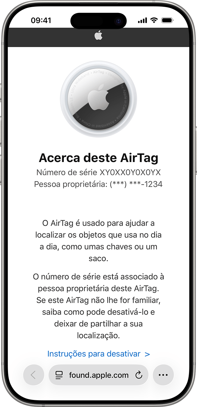 Ecrã do iPhone a mostrar uma página web do Safari com informações sobre o AirTag, incluindo o número de série e os últimos quatro dígitos do número de telefone do proprietário.