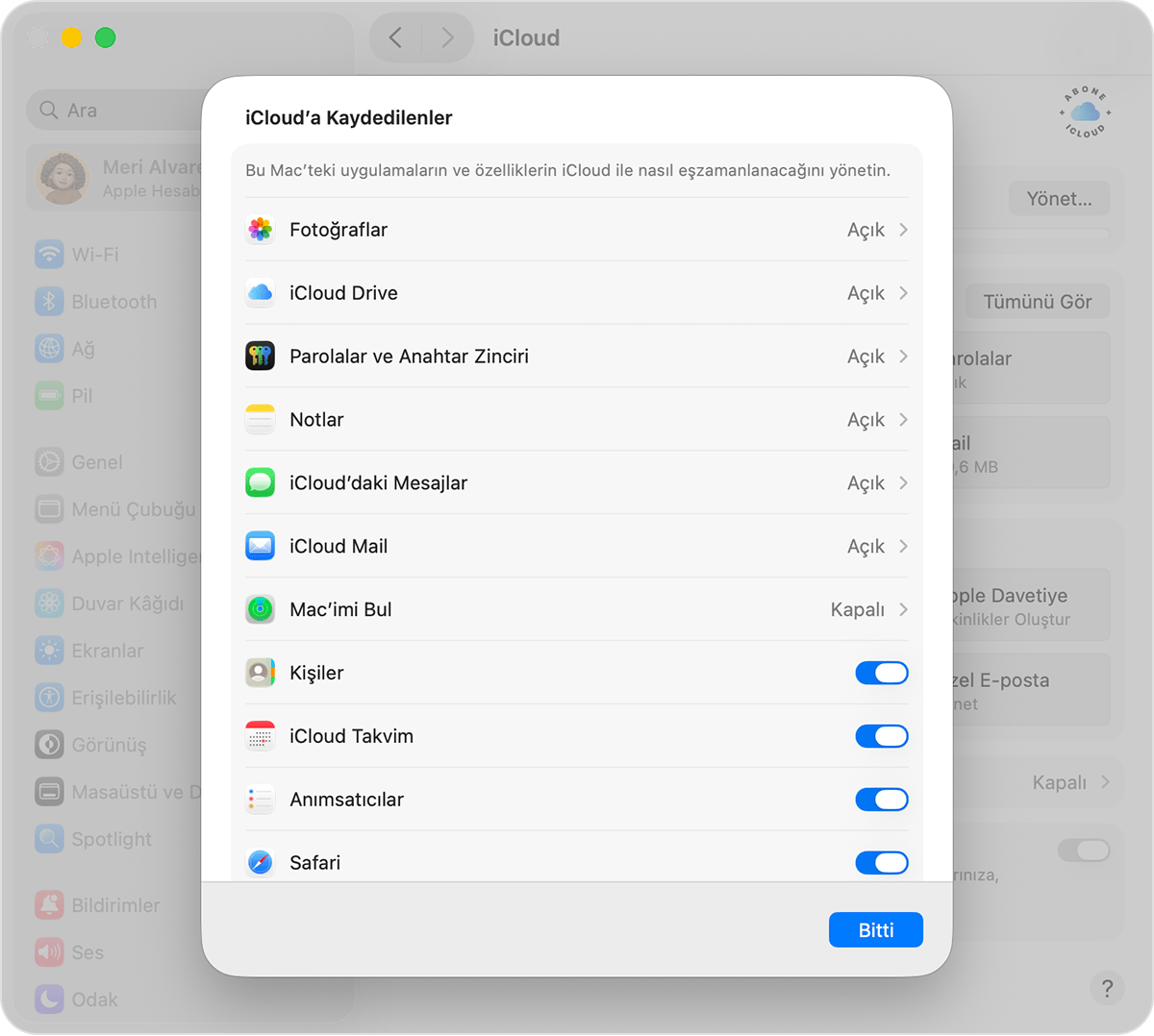 Uygulamalar listesinde Bul düğmesini gösteren macOS ekranı.