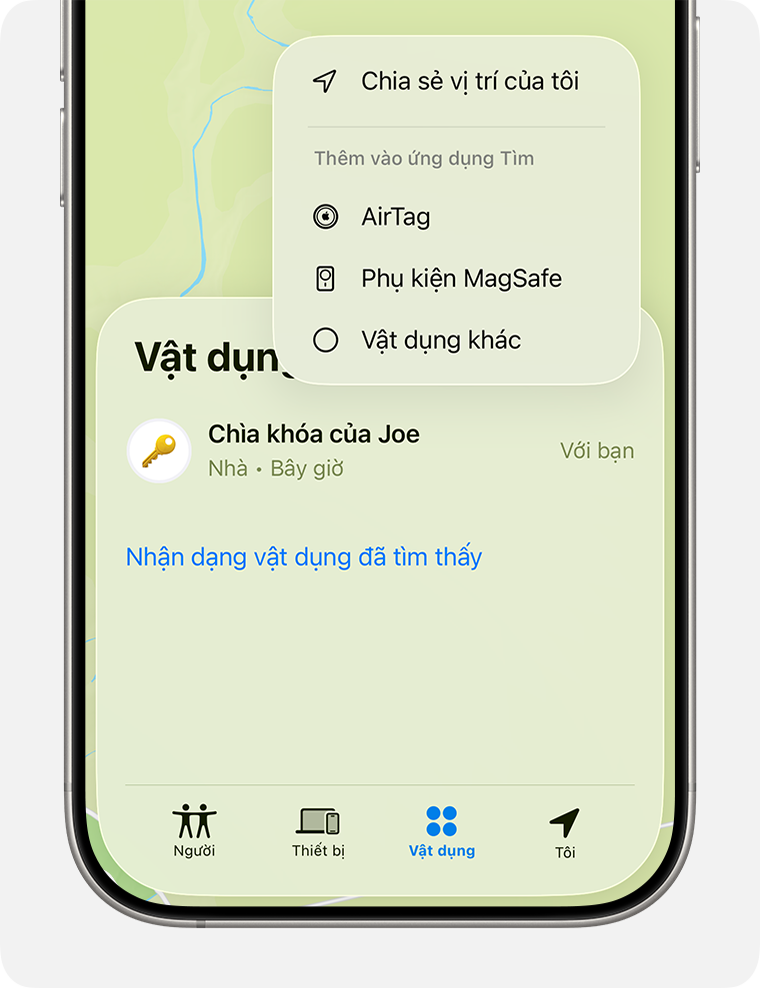 Trong ứng dụng Tìm, chạm vào Thêm vật dụng khác để thêm phụ kiện mạng Tìm của bên thứ ba.