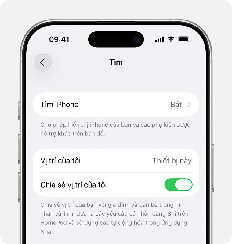Màn hình iPhone hiển thị các tùy chọn cài đặt của ứng dụng Tìm.