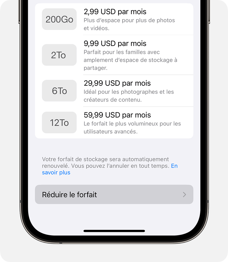 Écran d’iPhone montrant le bouton Réduire le forfait en bas de l’écran.