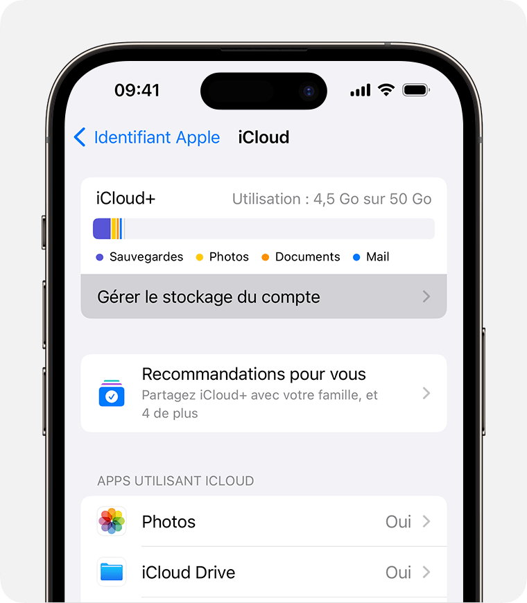 Écran d’iPhone montrant les étapes pour accéder à Gérer le stockage du compte.