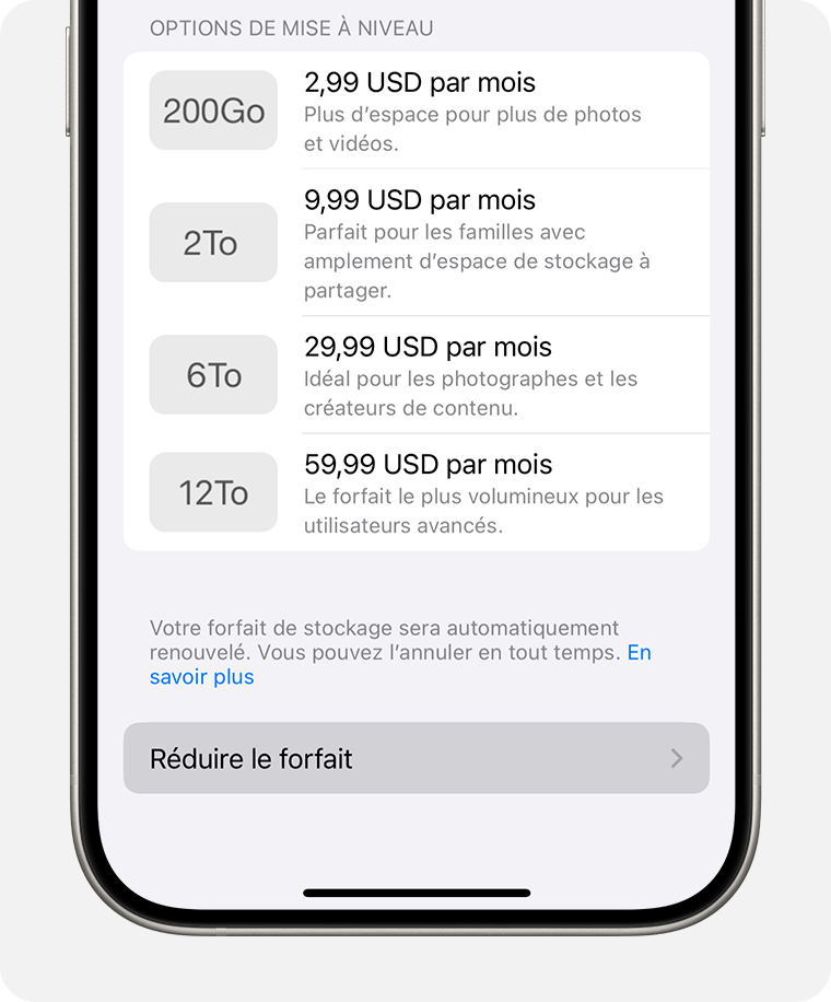 Écran d’iPhone montrant le bouton Réduire le forfait en bas de l’écran.