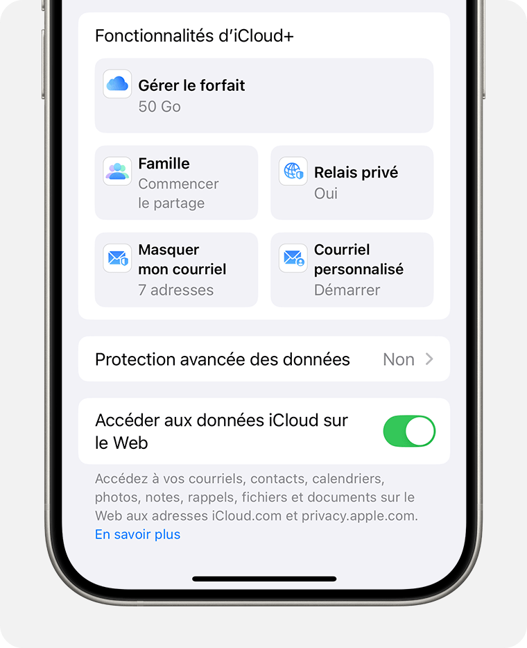 Écran d’iPhone montrant les étapes pour accéder à Gérer le forfait.