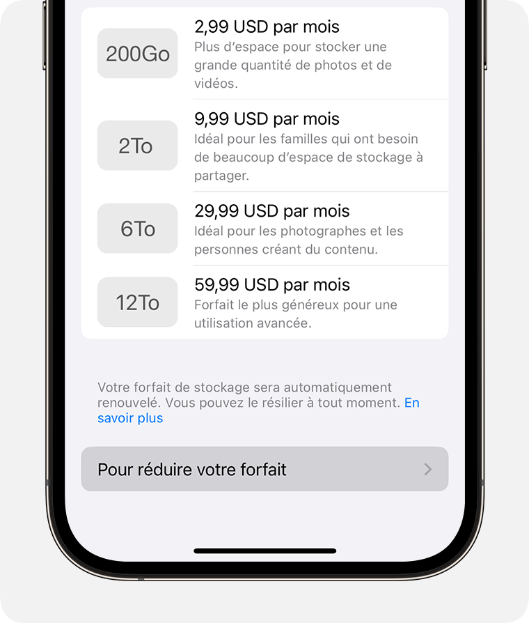 Écran d’iPhone affichant le bouton Pour réduire votre forfait en bas.