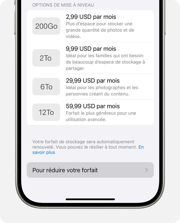 Écran d’iPhone affichant le bouton Pour réduire votre forfait en bas.