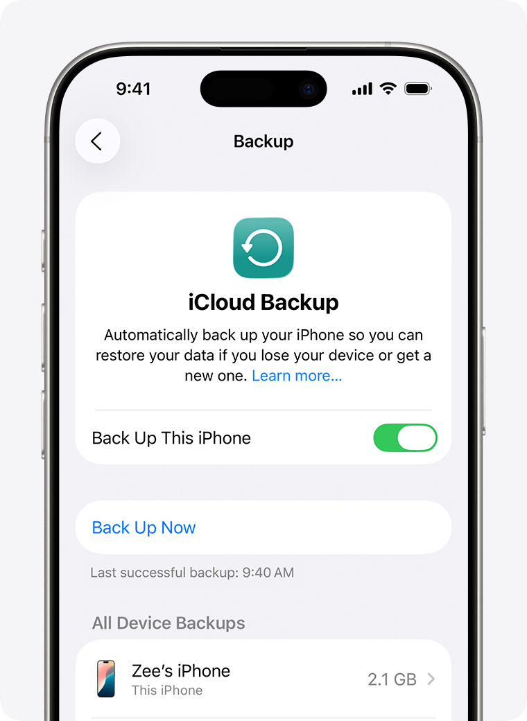 An iPhone screen showing the "Back Up Now" option.