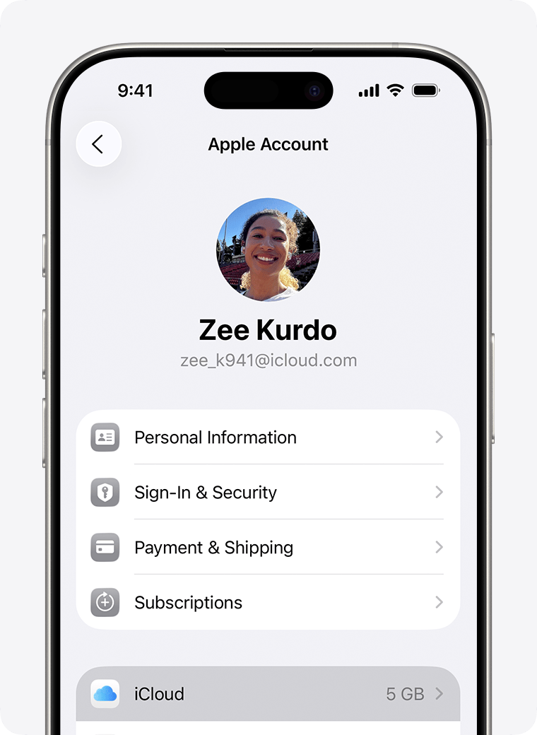 iPhone screen showing the Apple ID settings, with iCloud highlighted as the next step for backing up the device.