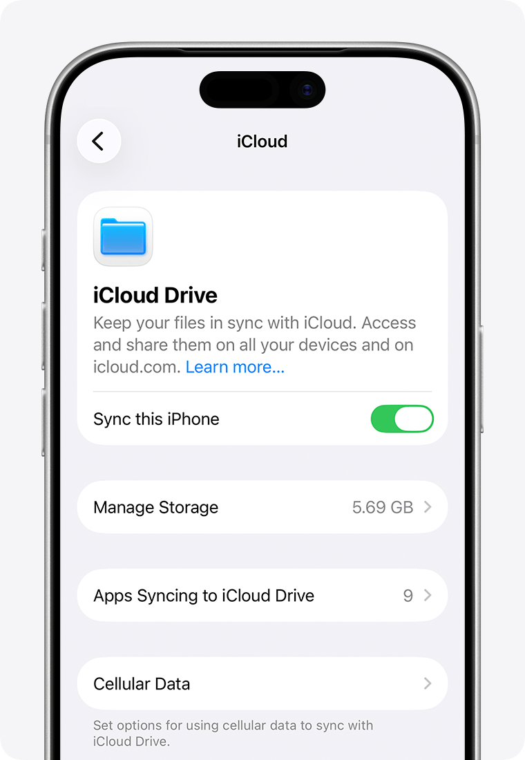 An iPhone screen showing iCloud Drive settings. Sync this iPhone is a toggle below the description of iCloud Drive.