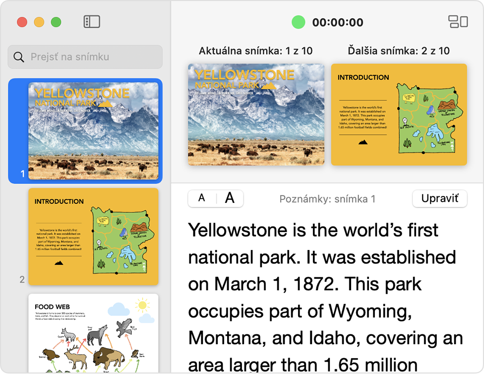 Okno z displeja prezentátora v apke Keynote.