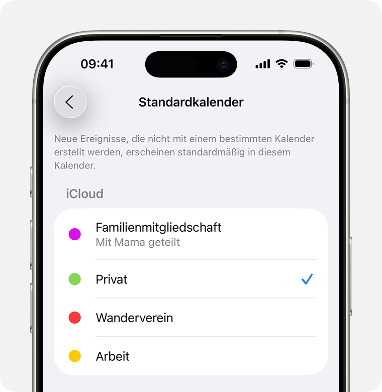 Ein iPhone-Bildschirm mit dem Menü „Standardkalender“. „Persönlich“ ist als Standardkalender ausgewählt.
