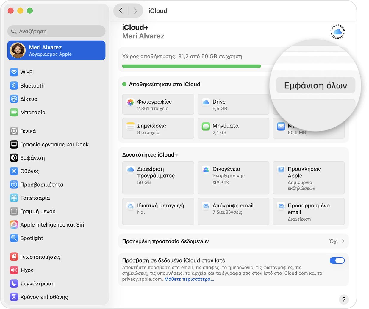 Οθόνη macOS στην οποία εμφανίζεται η κύρια οθόνη ρυθμίσεων iCloud+.