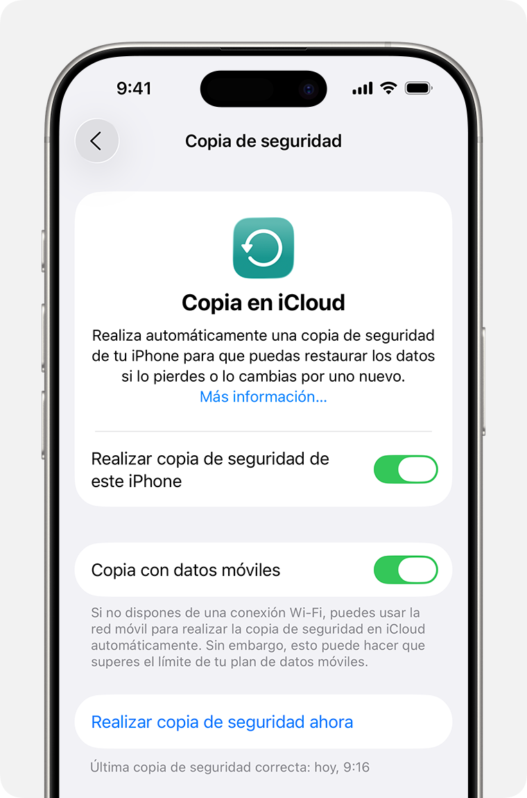 Una pantalla del iPhone que muestra la opción Realizar Copia de Seguridad Ahora.