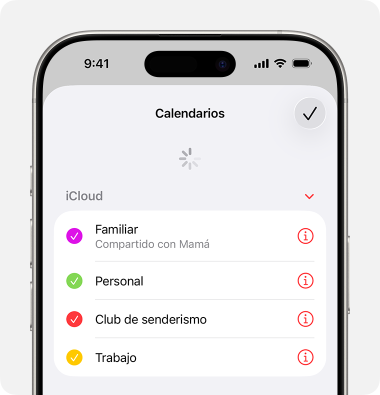 Pantalla de un iPhone con la app Calendarios abierta. Se muestra la animación que aparece después de deslizar hacia abajo para actualizar los eventos.