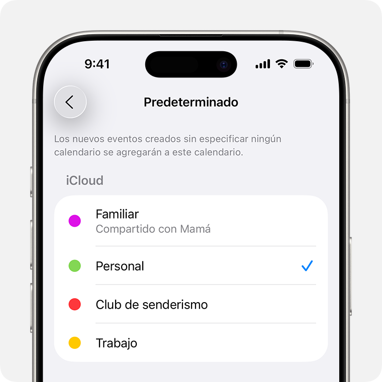 Pantalla de un iPhone en la que se muestra el menú Calendario predeterminado. La opción Personal está seleccionada como calendario predeterminado.