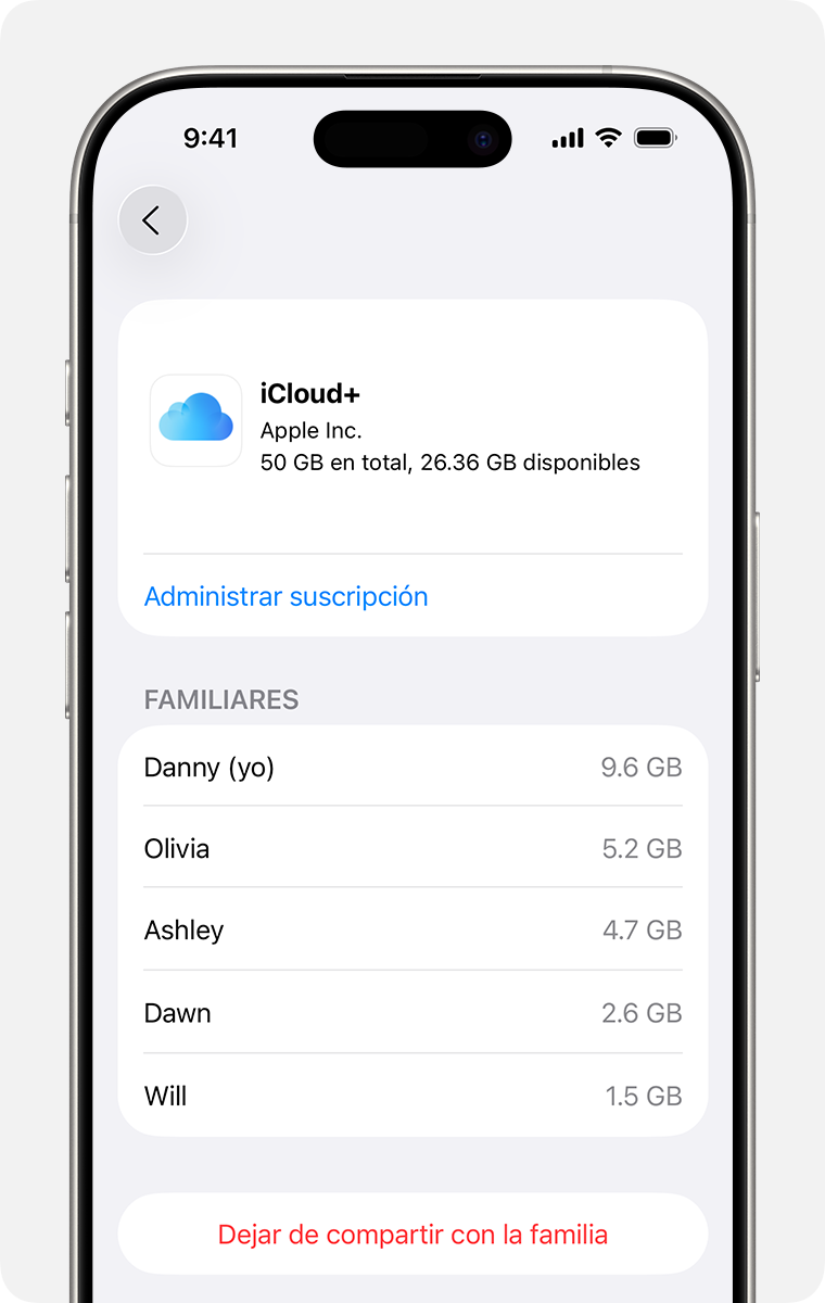 Pantalla de iPhone en la que se muestran los pasos para verificar y administrar tu suscripción de iCloud+.