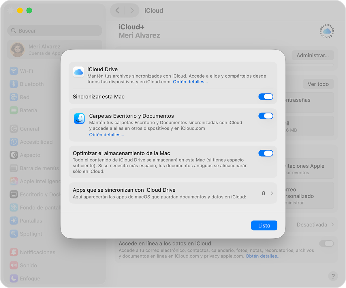Configuración de la Mac en la que se ven iCloud Drive y las carpetas Escritorio y Documentos activadas.